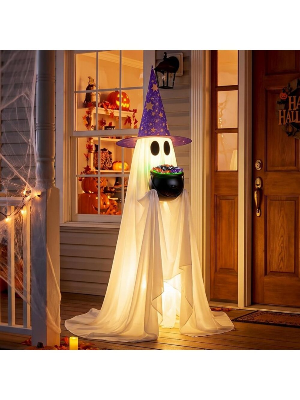 Large Lighted Halloween Ghost Decor with Cauldron - 53'' Spooky Candy Display
